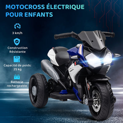 Moto électrique enfants 3 roues 6 V, voiture électrique enfants 3 à 5 ans, effets lumineux et sonores, 86x42x52cm, bleu