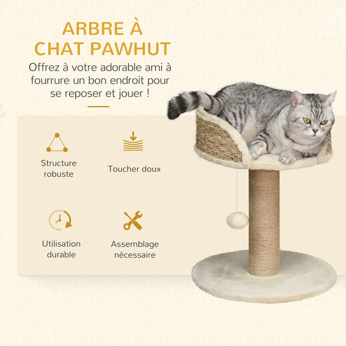 Arbre à chat arbre à grimper grattoir design jeu pompon suspendu + plateforme peluche 40 x 40 x 49 cm sisal beige