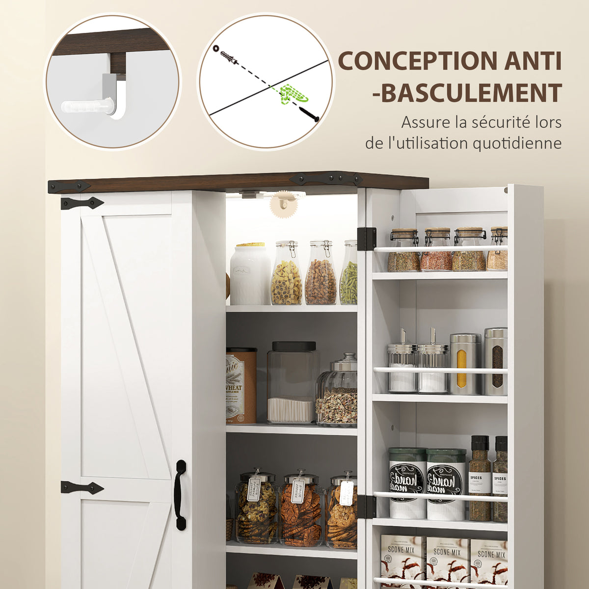 Buffet cuisine, meuble cuisine rangement, avec 12 étagères à portes, lumière LED magnétique, 60 x 40 x 120 cm, blanc
