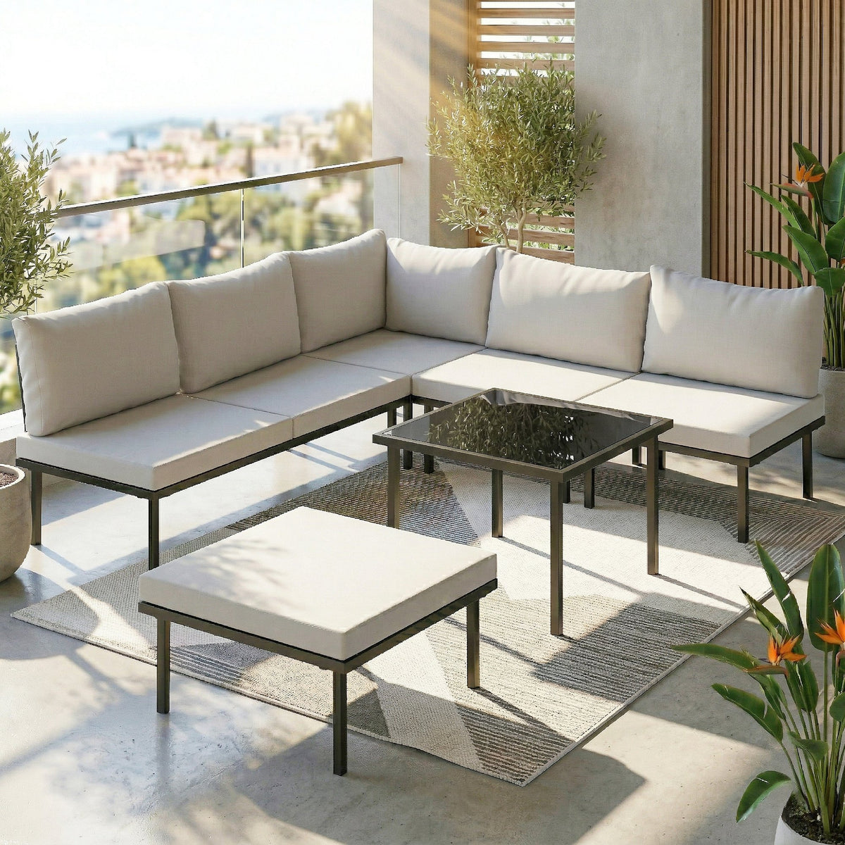 Salon de jardin extérieur d'angle modulable 6 personnes, table basse avec plateau en verre trempé, gris clair
