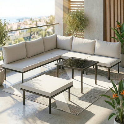Salon de jardin extérieur d'angle modulable 6 personnes, table basse avec plateau en verre trempé, gris clair