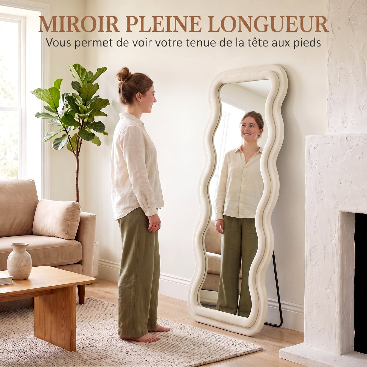 Miroir Pleine Longueur 160 x 60 cm, Miroir Ondulé sur Pied ou Mural, Cadre Effet Velours et Verre Trempé, Crème