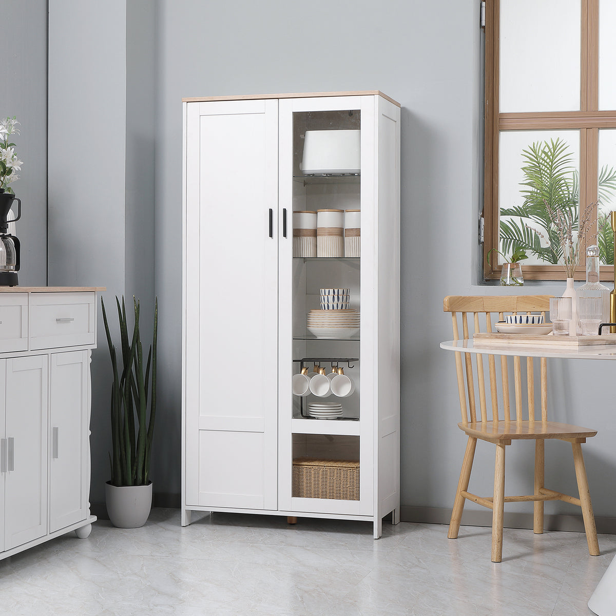 Buffet de cuisine armoire de cuisine meuble vitrine 7 étagères dont 3 étagères en verre 76 x 36 x 160 cm blanc
