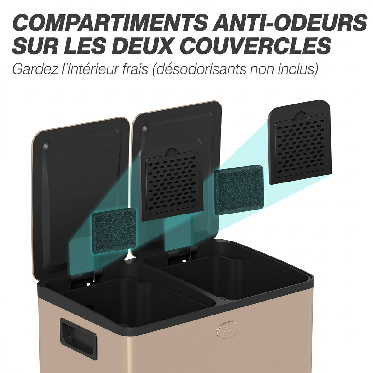 Poubelle de cuisine 2 compartiments de 2 x 28L, acier inoxydable, couvercle à fermeture douce, 45,8x36x67,6cm, or Aosom