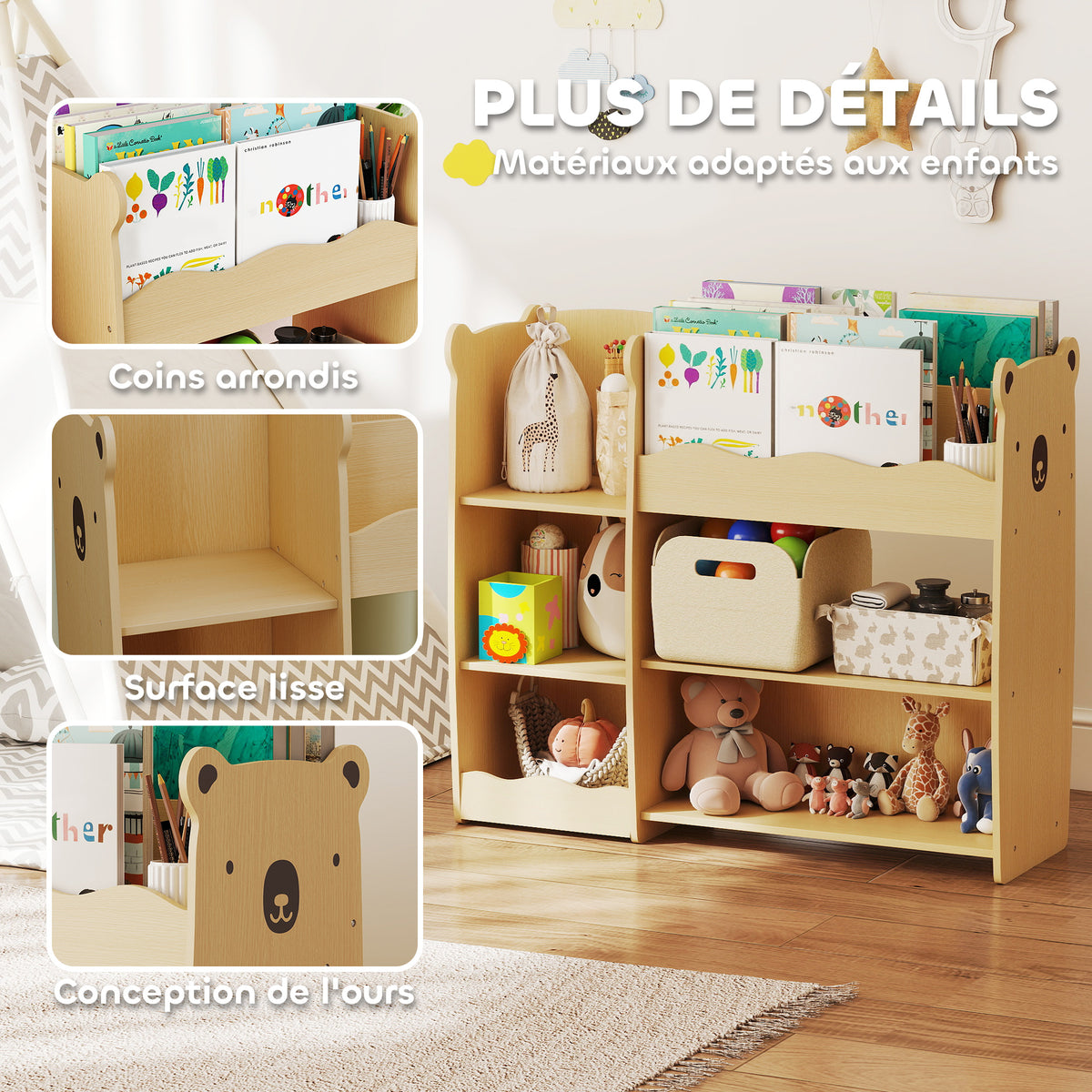 Meuble rangement enfant 3 niveaux, étagère de rangement pour jouets enfants avec étagères ouvertes, 92x29x79cm, naturel