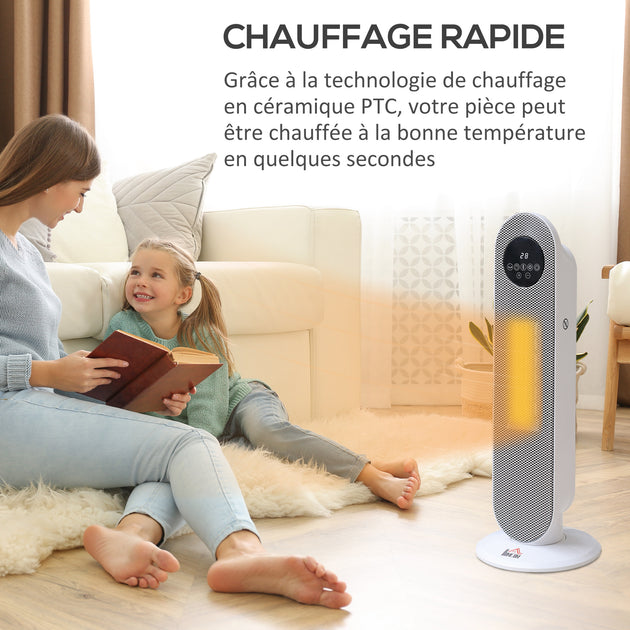 Chauffage d'appoint Radiateur soufflant Radiateur céramique oscillant 15-40°C avec Télécommande 1300/2000W, 21 x 21 x 63,5 cm Aosom