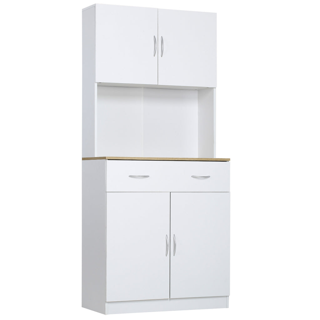 Buffet haut cuisine, armoire de cuisine, 4 portes, tiroir, plan de travail et étagères réglables, 80x40x180cm, blanc