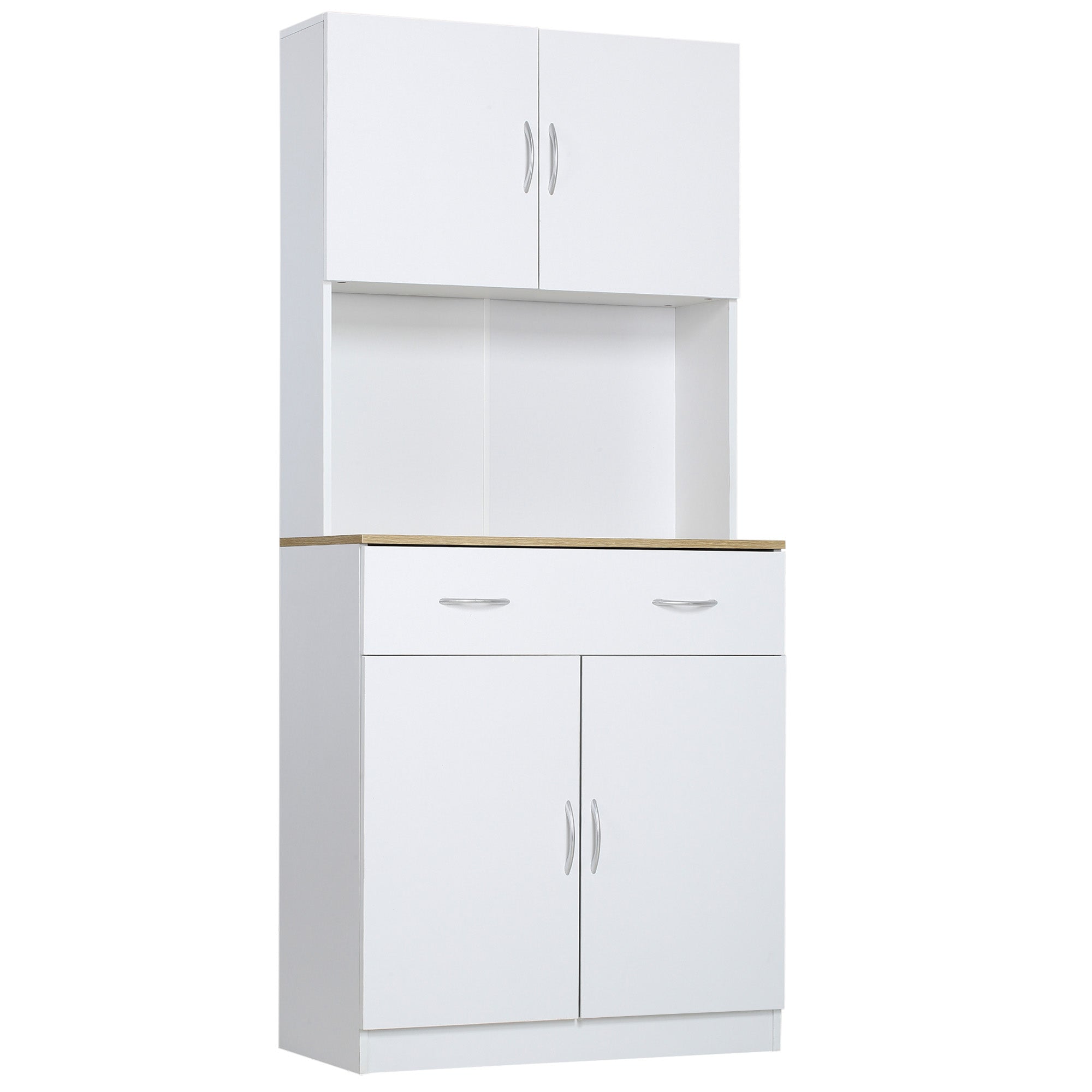 Buffet haut cuisine, armoire de cuisine, 4 portes, tiroir, plan de travail et étagères réglables, 80x40x180cm, blanc