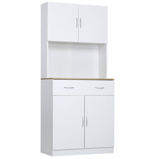 Buffet haut cuisine, armoire de cuisine, 4 portes, tiroir, plan de travail et étagères réglables, 80x40x180cm, blanc