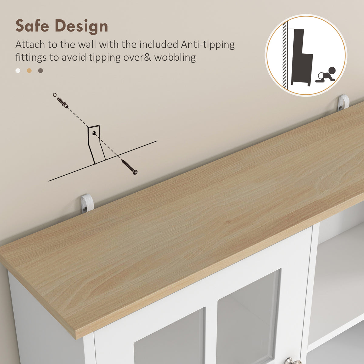 Buffet cuisine, meuble cuisine rangement haut, meuble de rangement avec plan de travail, 3 portes vitrées, 2
