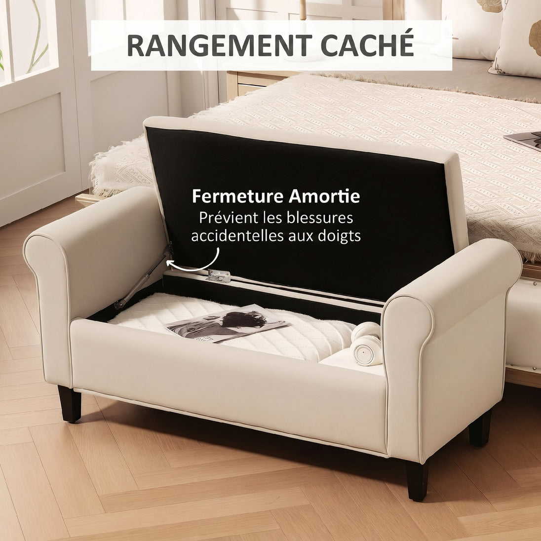 Banc de rangement bout de lit avec accoudoirs, tissu effet velours rembourré et capitonné, 126 x 48,5 x 57 cm, beige Aosom
