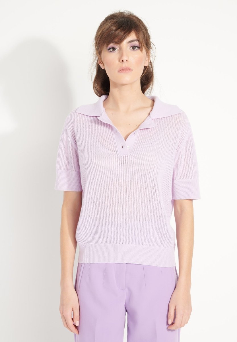 Polo manches courtes femme en cachemire ajouré lilas - AVA 1