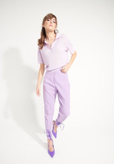 Polo manches courtes femme en cachemire ajouré lilas - AVA 1