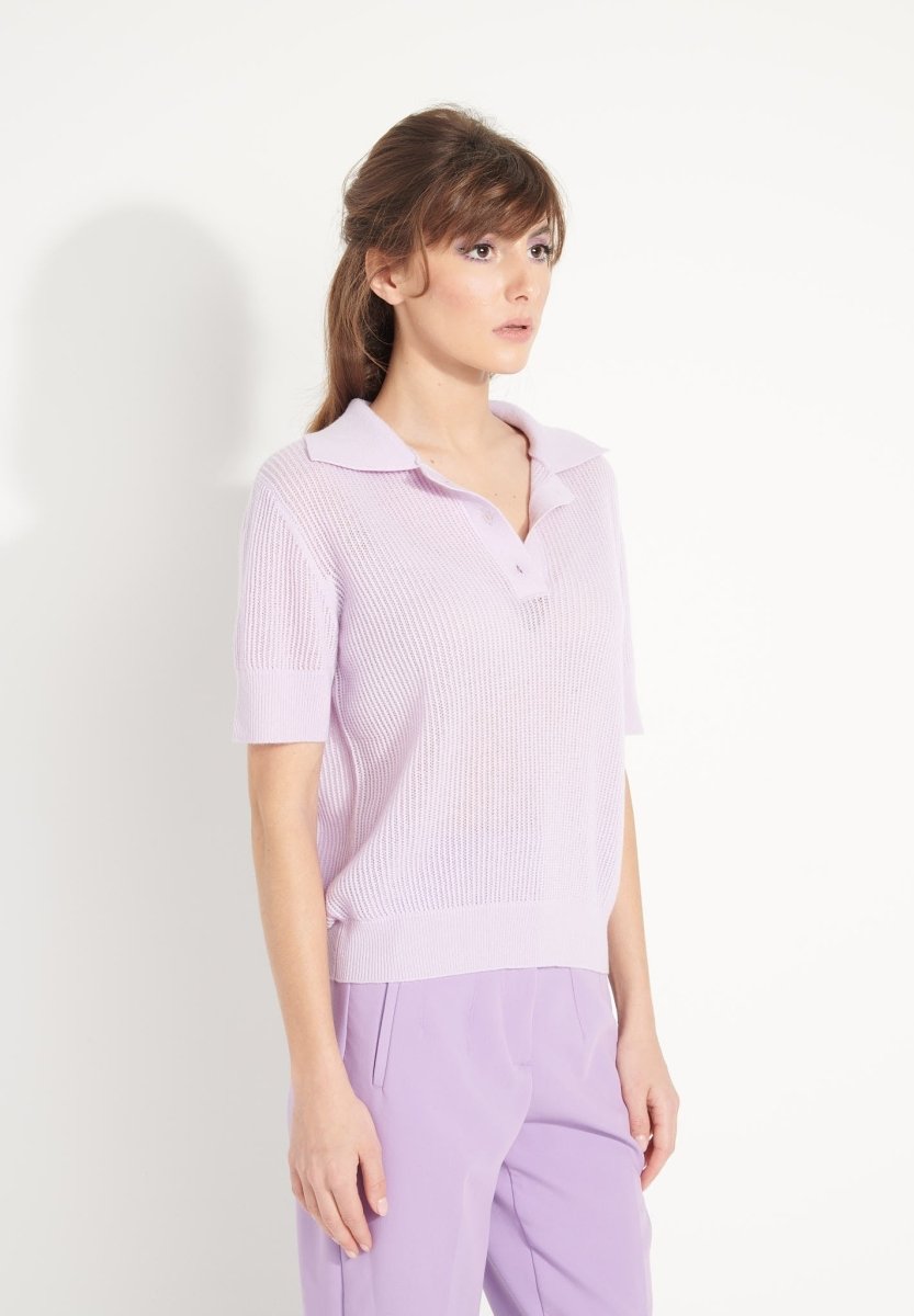 Polo manches courtes femme en cachemire ajouré lilas - AVA 1