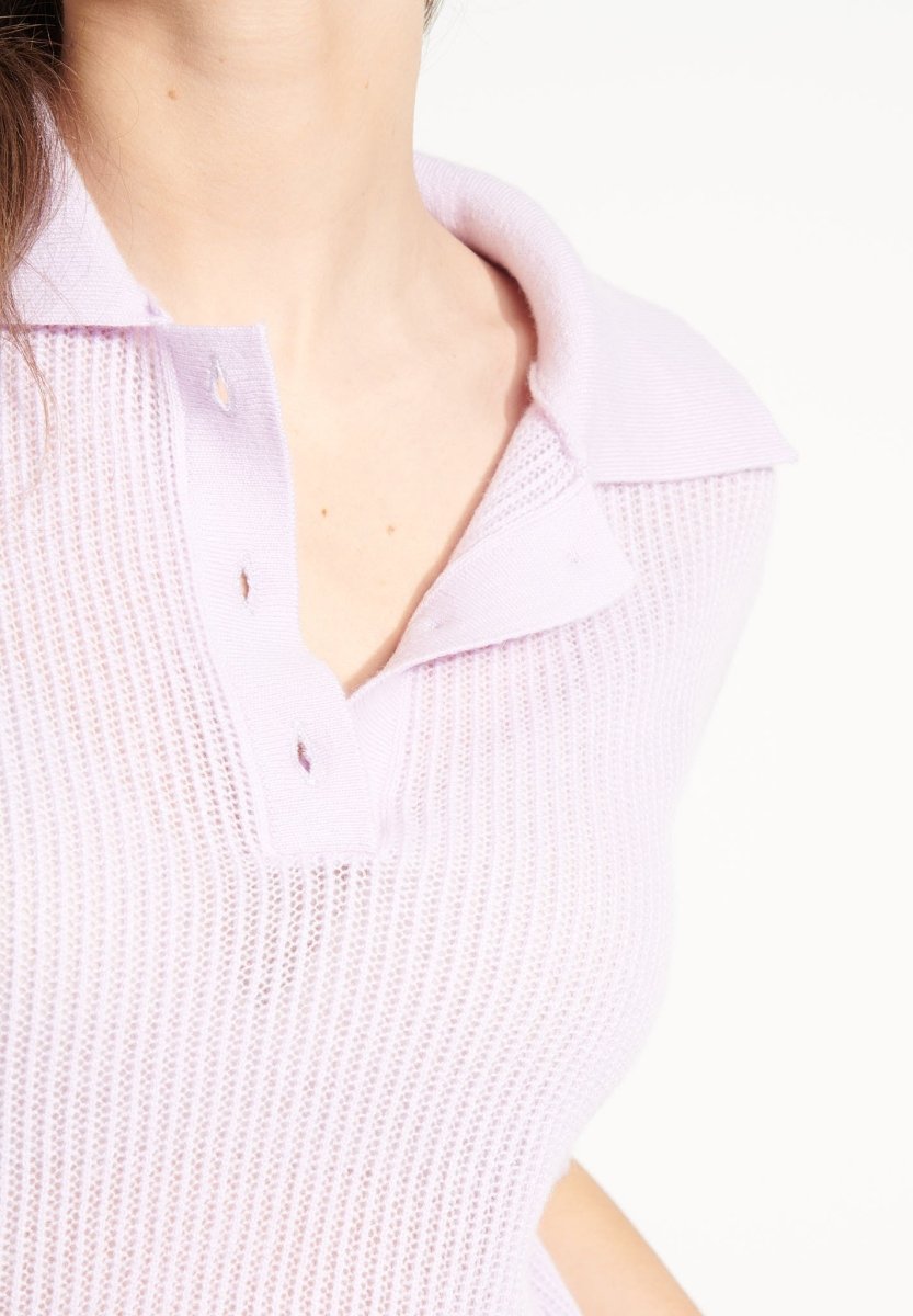 Polo manches courtes femme en cachemire ajouré lilas - AVA 1