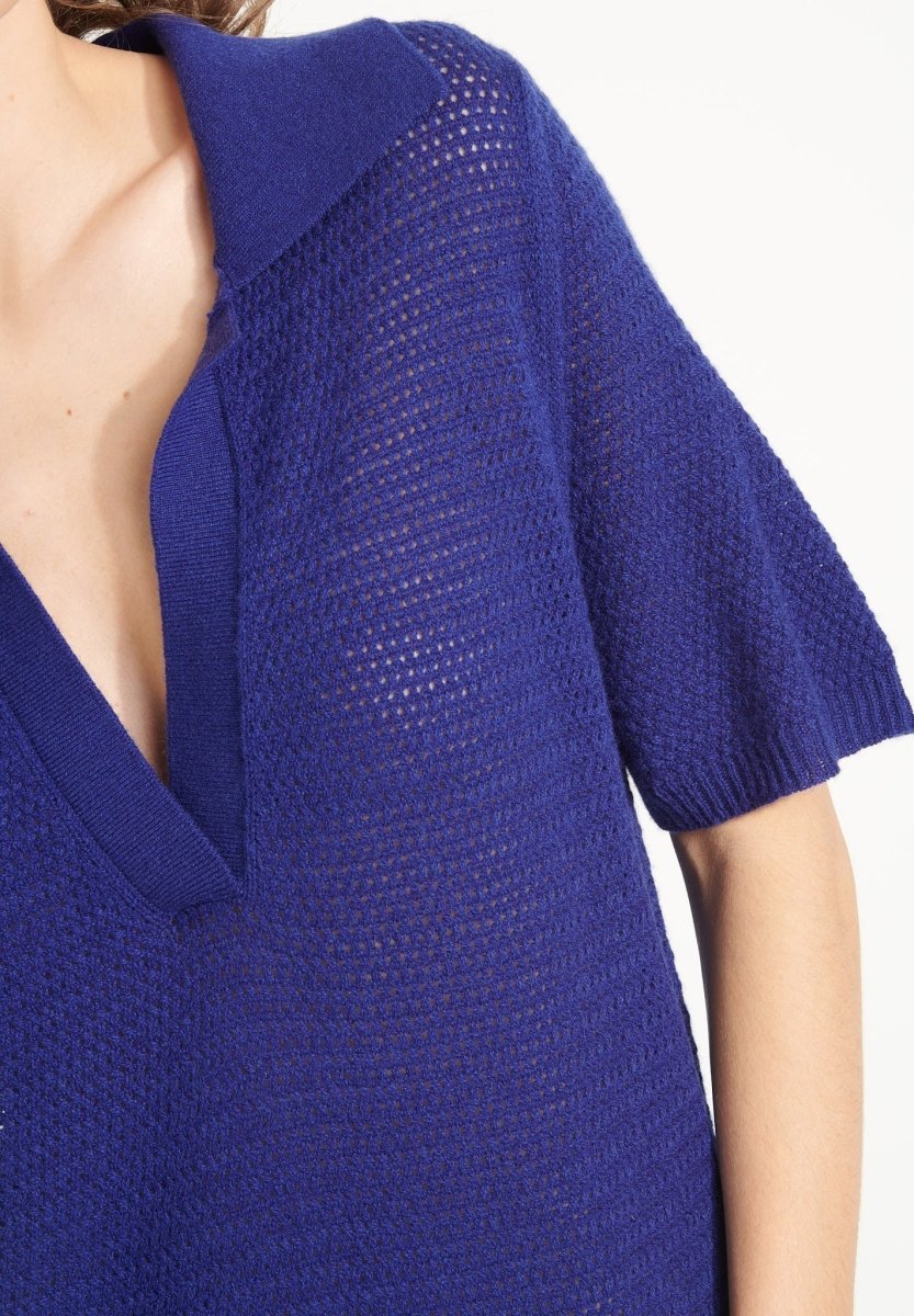 Robe longue col polo femme en cachemire ajouré bleu nuit - AVA 18