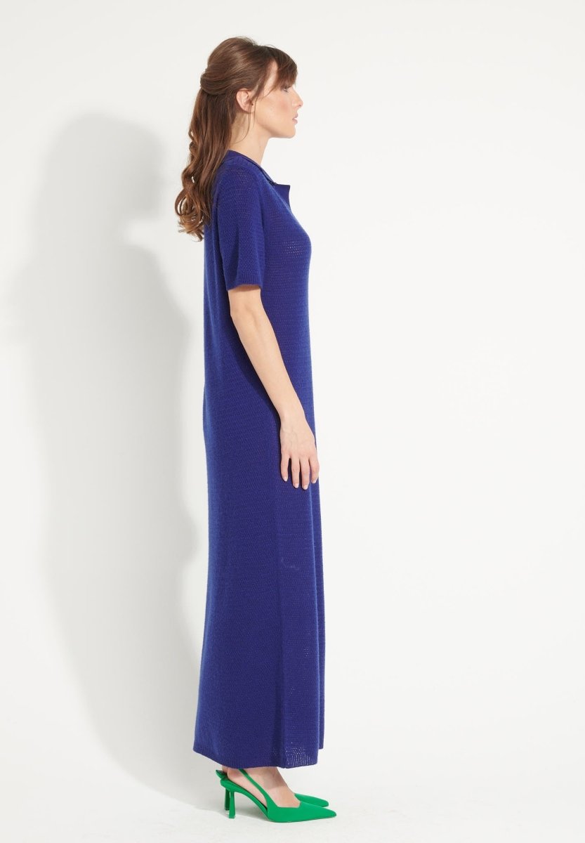 Robe longue col polo femme en cachemire ajouré bleu nuit - AVA 18