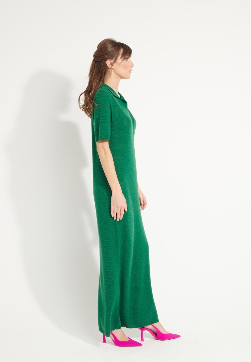 Robe longue col polo femme en cachemire ajouré vert émeraude - AVA 18