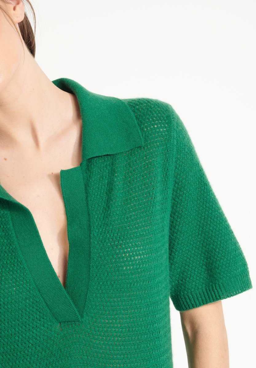 Robe longue col polo femme en cachemire ajouré vert émeraude - AVA 18