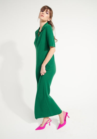 Robe longue col polo femme en cachemire ajouré vert émeraude - AVA 18