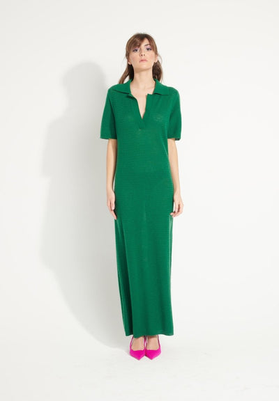 Robe longue col polo femme en cachemire ajouré vert émeraude - AVA 18