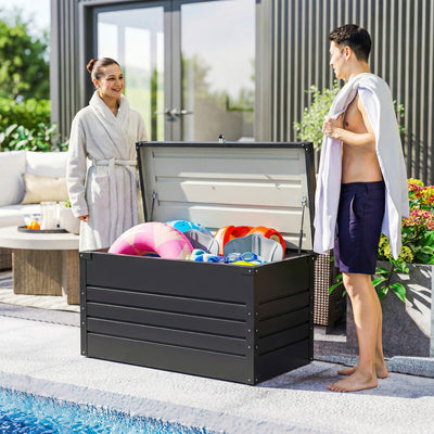 Coffre de rangement métal boîte de jardin 350L double vérins à gaz  verrouillable pour coussins outils gris anthracite