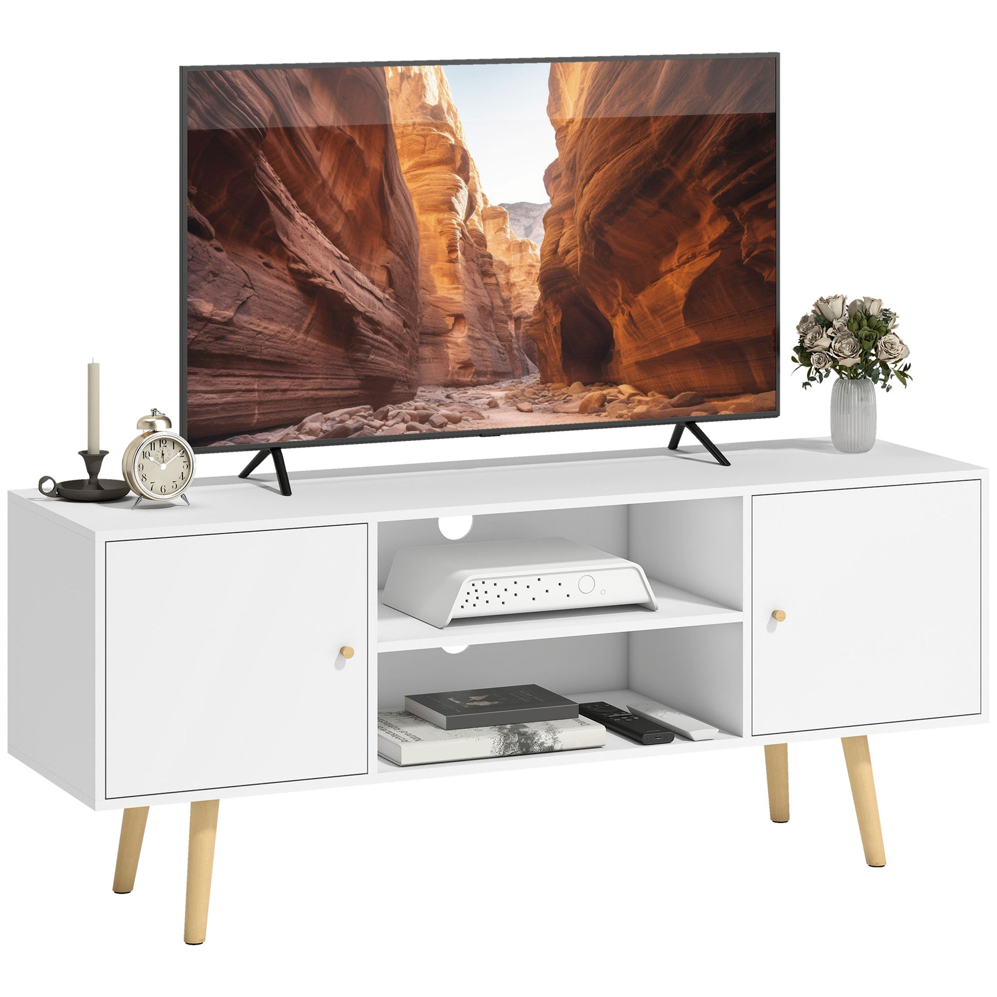Meuble TV style scandinave 2 portes 2 niches passe-fils piètement bois pin panneaux blanc - 120 x 34 x 50 cm blanc
