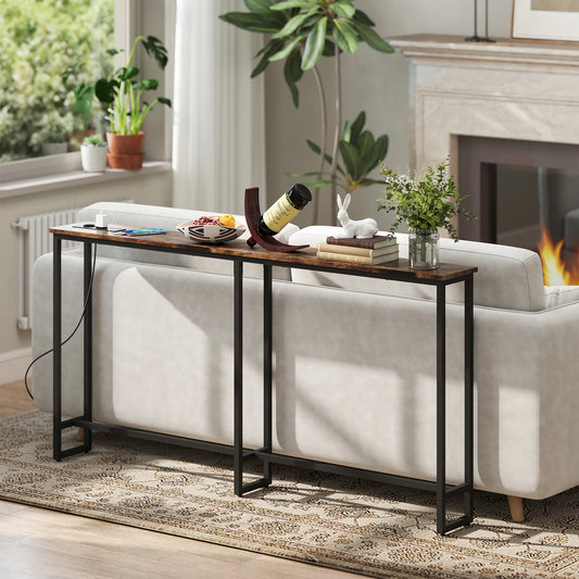 Table console étroite style industriel avec prises de courant et USB, pour salon entrée couloir, 160x20x80cm, marron