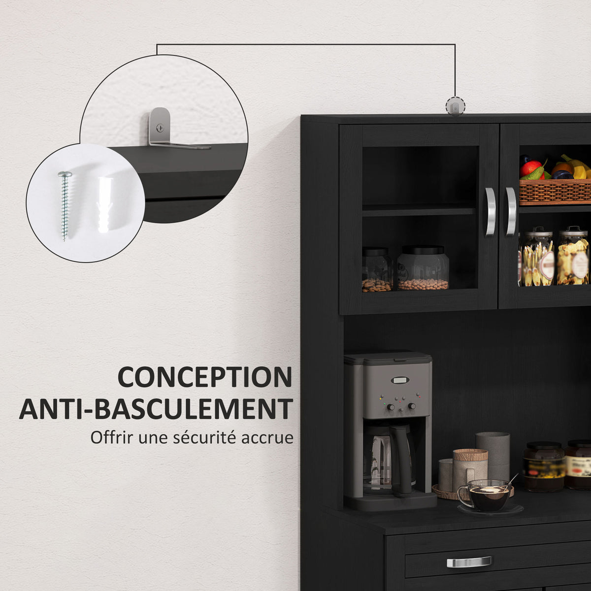 Buffet haut cuisine, armoire de cuisine avec 4 portes, tiroir, plan de travail, étagères réglables, 80x48x170cm, noir