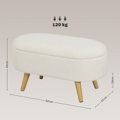 Banc de Rangement, Bout de Lit Rembourré en Peluche Teddy avec Couvercle et Pieds en Bois, 82 x 41 x 45 cm, Blanc