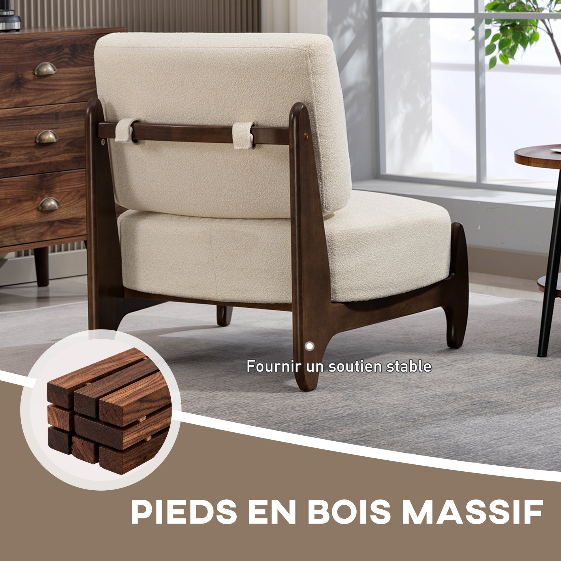 Fauteuil salon en chenille, fauteuil chambre confortable, coussin épais, assise rembourrée, 72 x 73,5 x 81 cm, crème