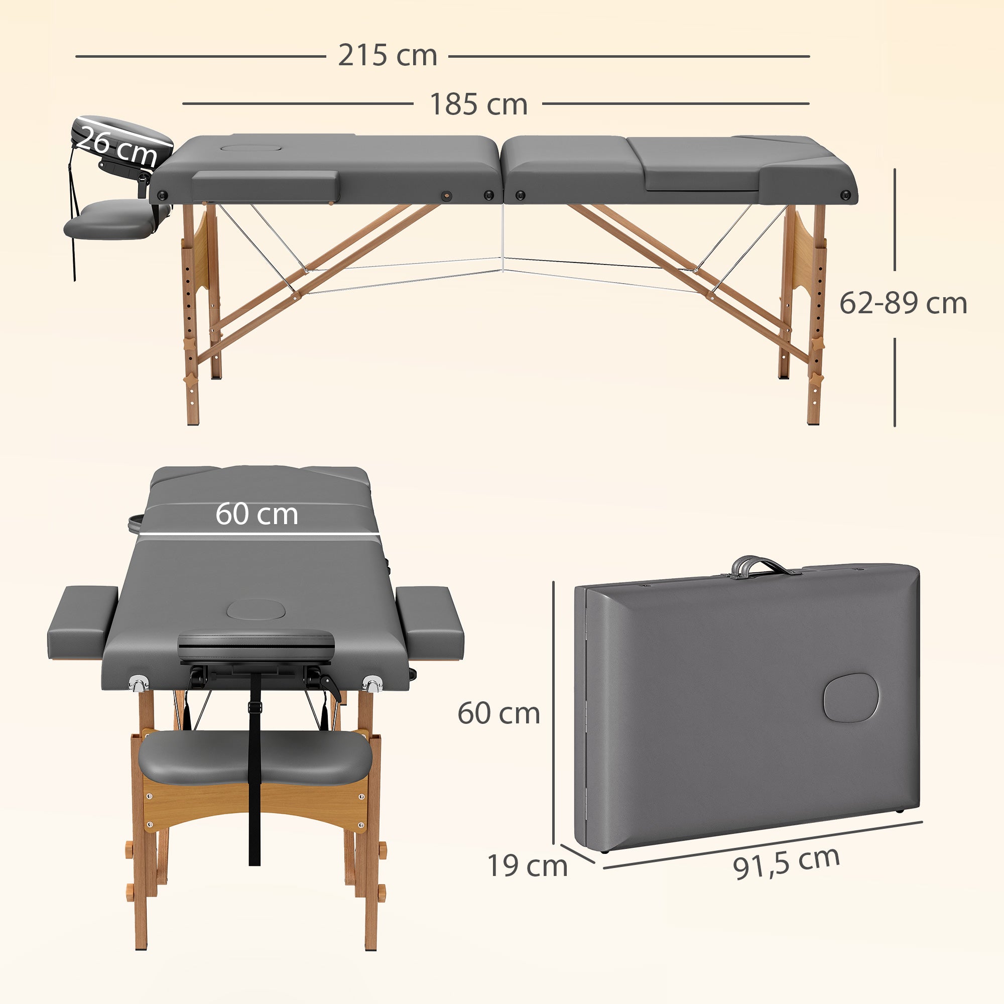 Table de massage pliante, lit de massage 3 zones portable 185 x 60 cm, hauteur et dossier réglables, appui-tête, gris