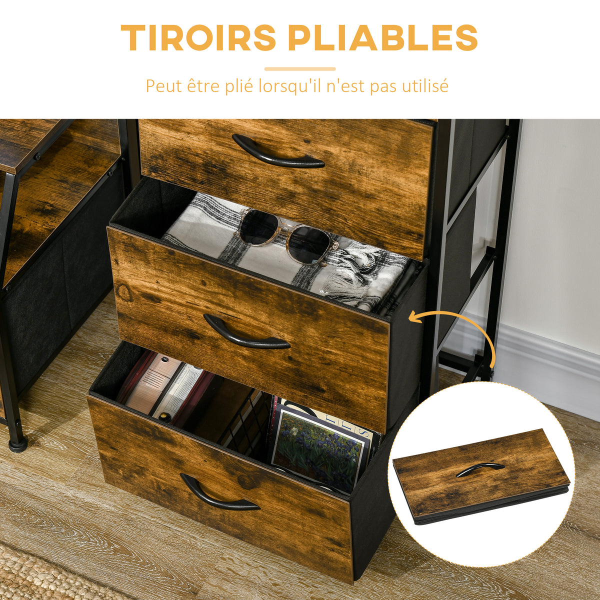 Meuble de rangement style industriel commode 3 tiroirs en tissu amovibles et 2 étagères - 44 x 29 x 92 cm - bois et métal