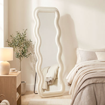 Miroir Pleine Longueur 160 x 60 cm, Miroir Ondulé sur Pied ou Mural, Cadre Effet Velours et Verre Trempé, Crème