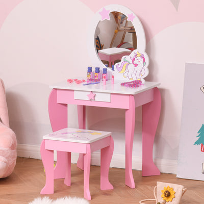 Coiffeuse Enfant Design Licorne - Tabouret Inclus - dim. 49L x 34l x 90H cm - tiroir, Miroir - MDF - Rose Blanc