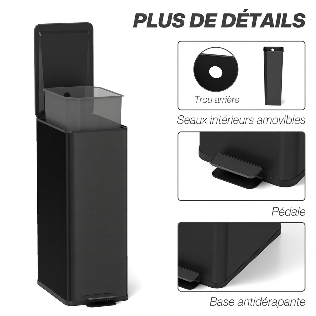 Poubelle de Cuisine 20L en Acier Inoxydable, Couvercle à Fermeture Douce, Compacte avec Seau Intérieur Amovible, Noir Aosom