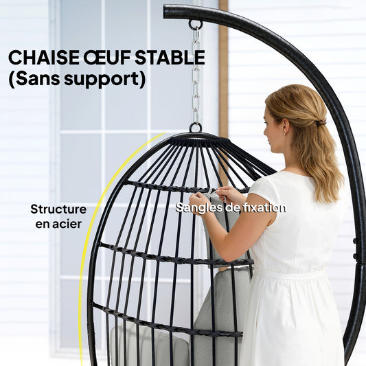 Fauteuil suspendu, fauteuil œuf suspendu, panier pliable, coussins rembourrés, porte-gobelet, oreiller, gris foncé