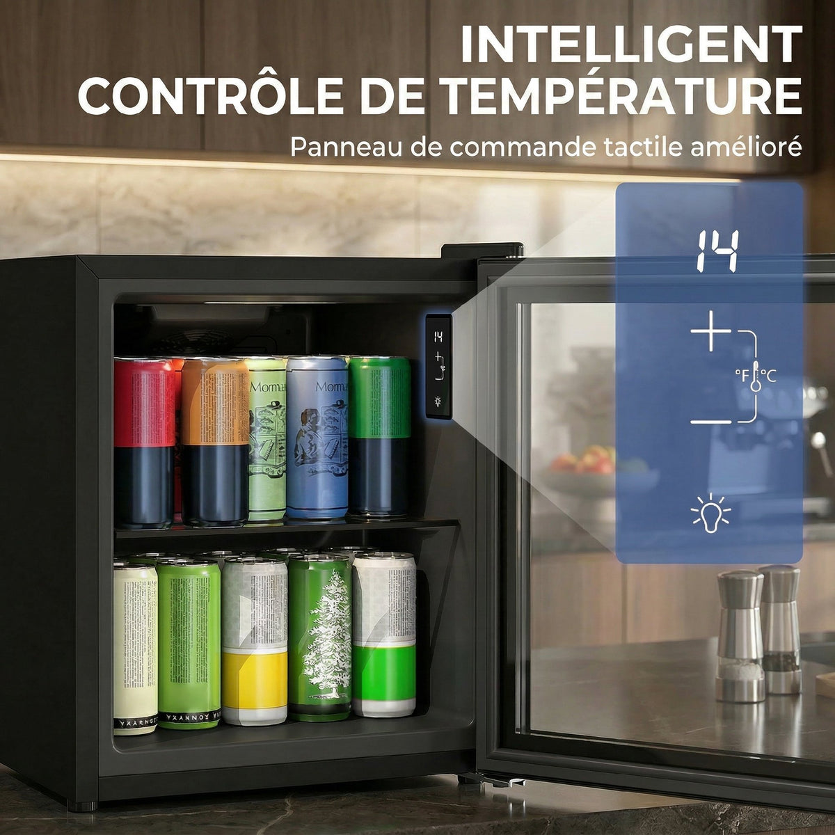 Réfrigérateur à boissons 46L 59 canettes, mini frigo silencieux pose libre avec porte en verre trempé double, noir