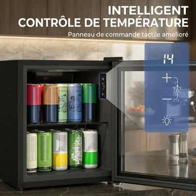 Réfrigérateur à boissons 46L 59 canettes, mini frigo silencieux pose libre avec porte en verre trempé double, noir