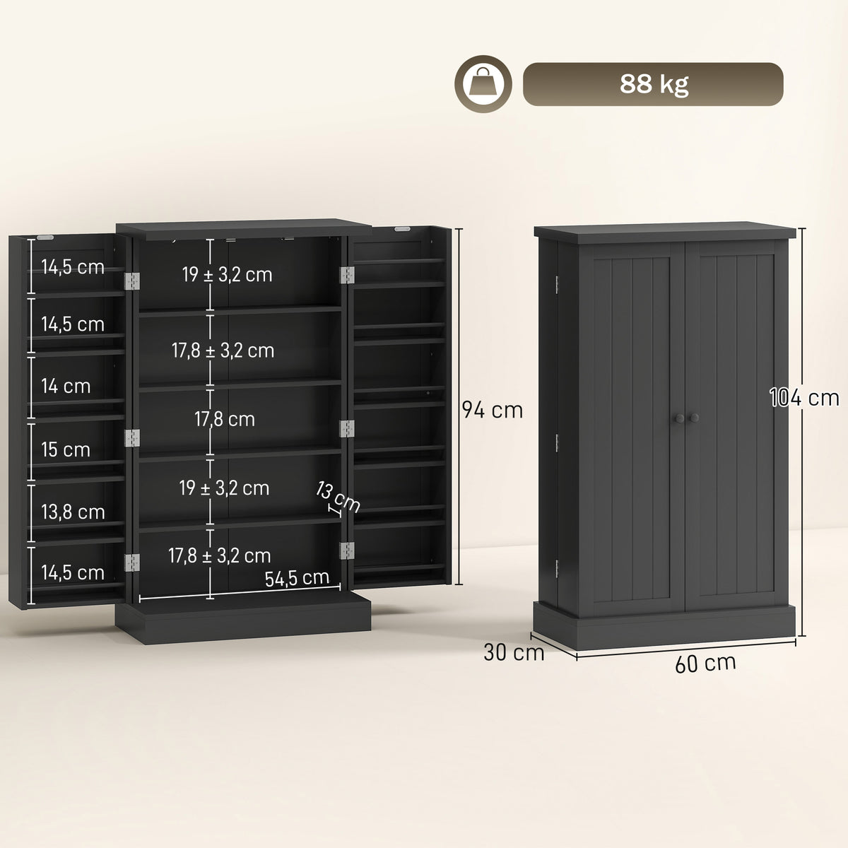 Armoire de Cuisine, Buffet Cuisine, avec 2 Portes, 12 Porte-Racks, 5 Compartiments et Étagères Réglables, Noir