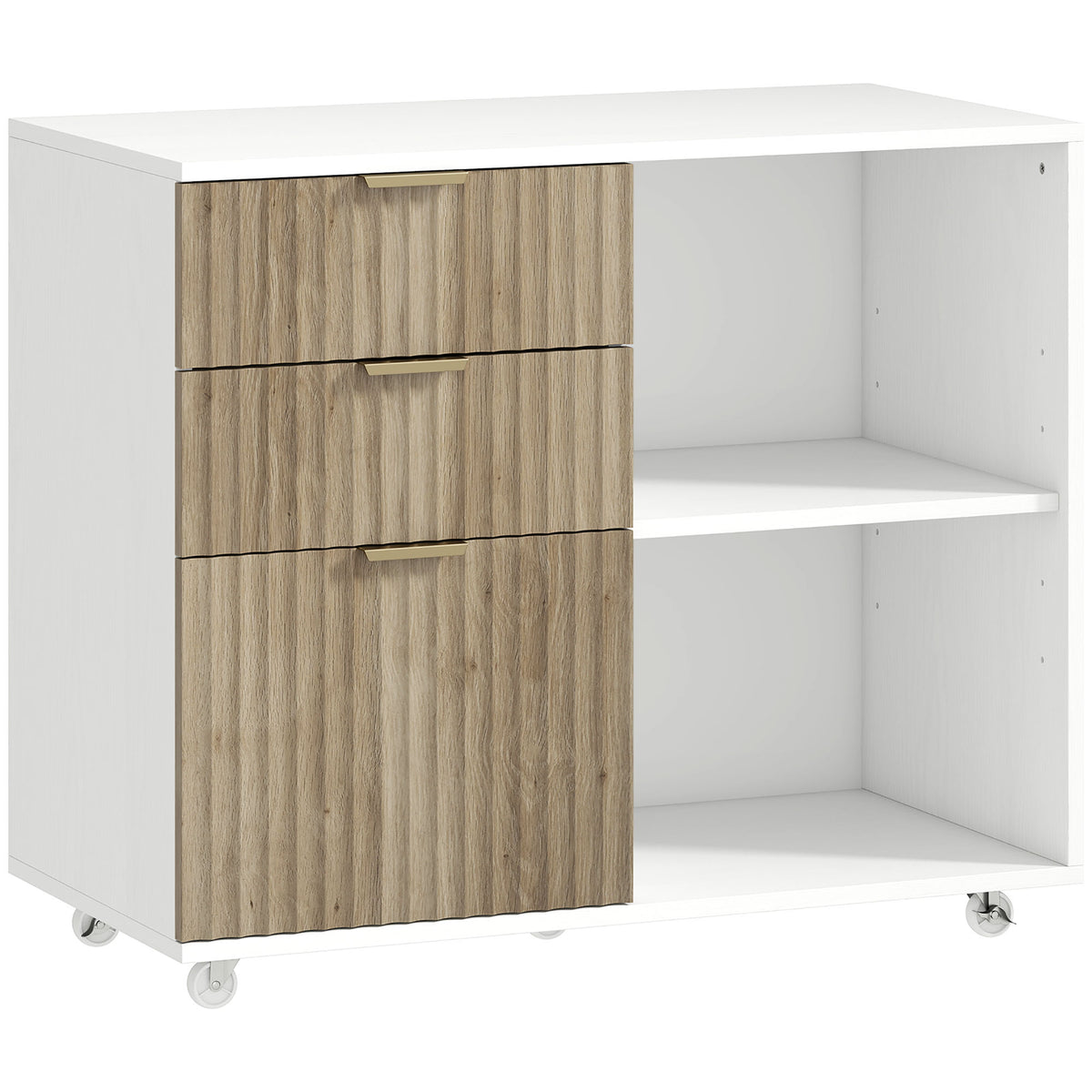 Support d'Imprimante sur Roulettes, 3 Tiroirs, 2 Étagères Ouvertes, Design Ondulé, 80x40x68cm, Blanc Chêne