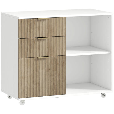 Support d'Imprimante sur Roulettes, 3 Tiroirs, 2 Étagères Ouvertes, Design Ondulé, 80x40x68cm, Blanc Chêne