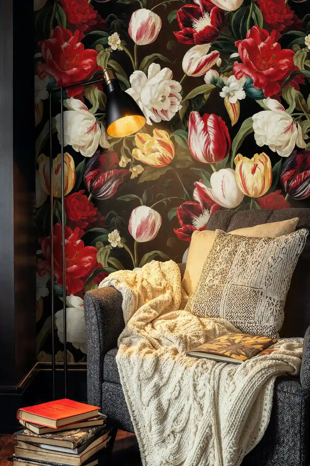 Dark Botanical Tulips and Peonies Wallpaper