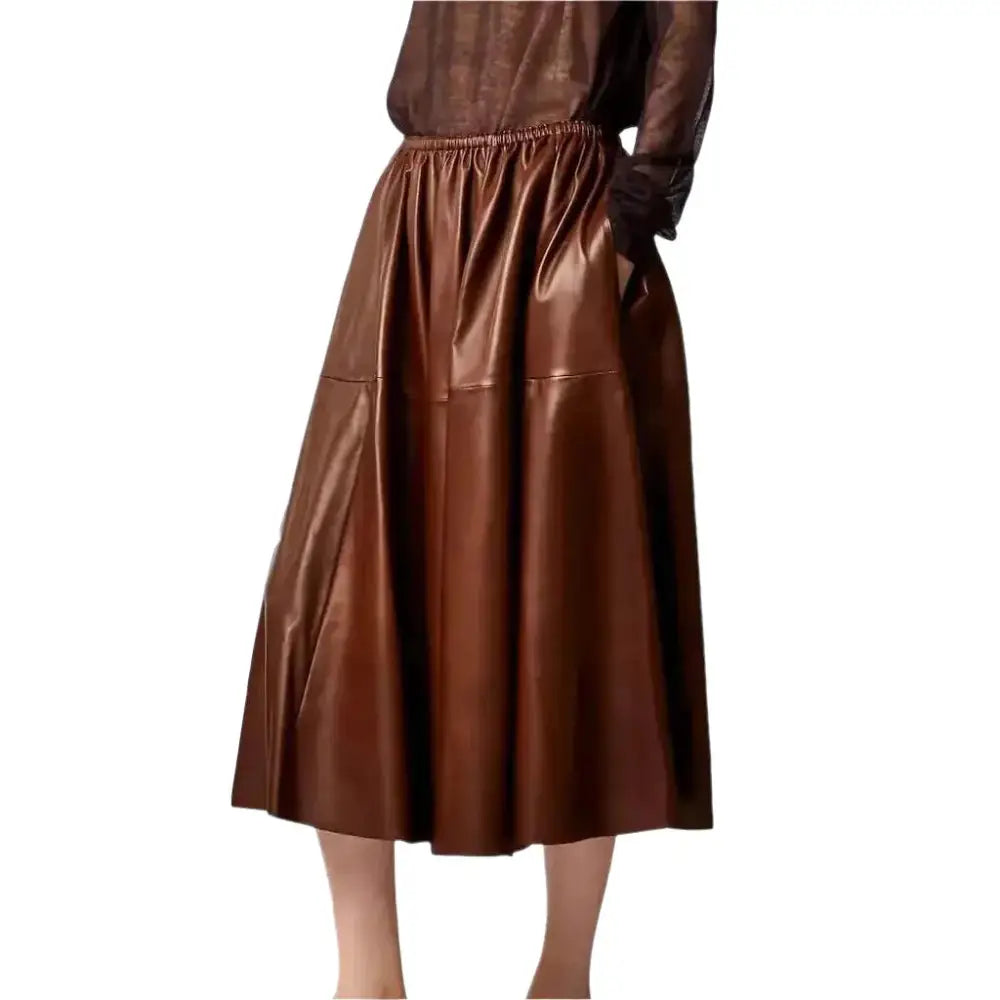 Women’s Brown Real Leather A-Line Flare Midi Skirt Riders Republic UK