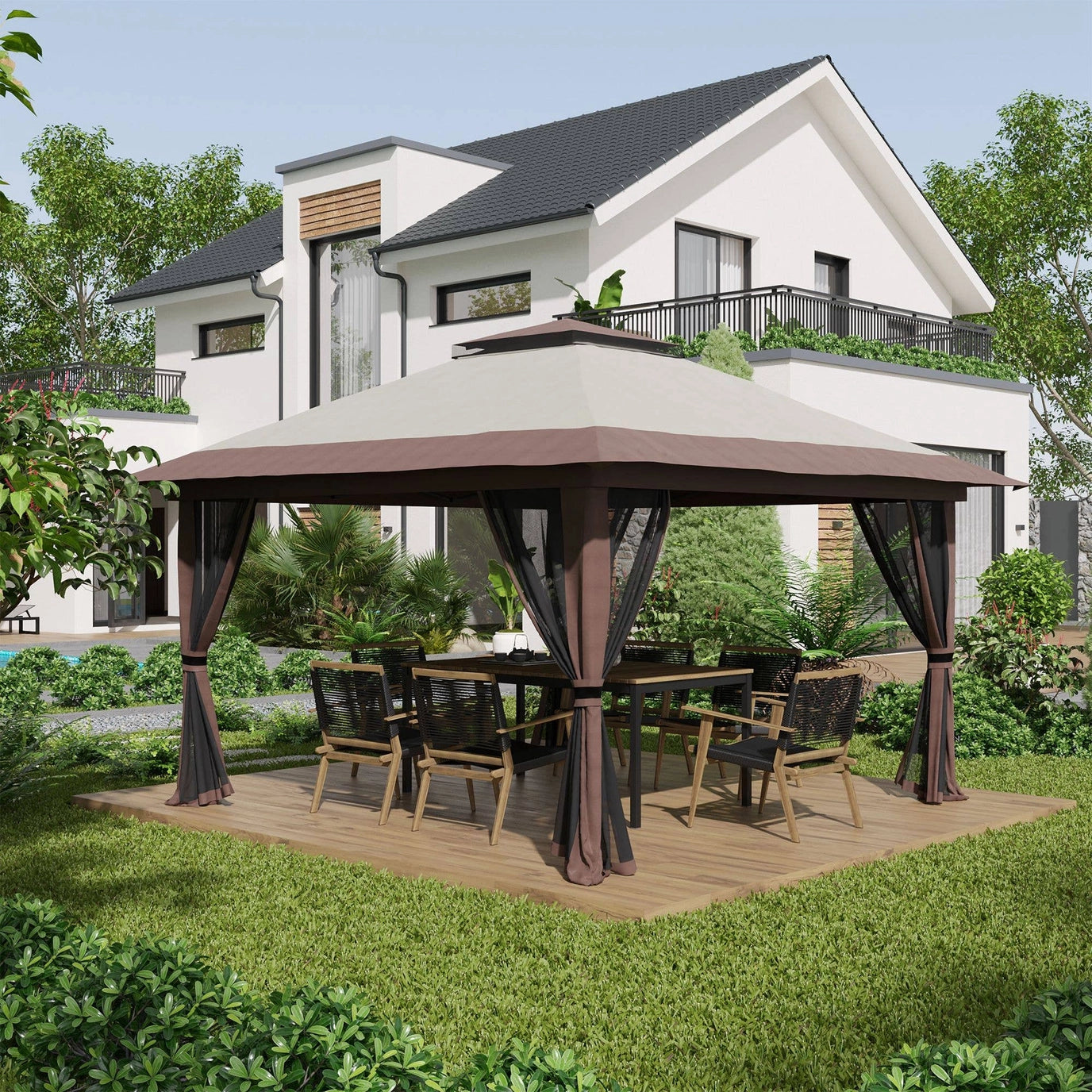 Pavillon pliant, réglable en hauteur, 4 parois en filet, beige