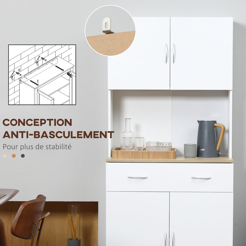 Buffet haut cuisine, armoire de cuisine, 4 portes, tiroir, plan de travail et étagères réglables, 80x40x180cm, blanc