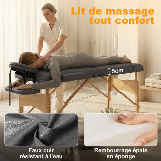 Table de massage pliante, lit de massage 3 zones portable 185 x 60 cm, hauteur et dossier réglables, appui-tête, gris