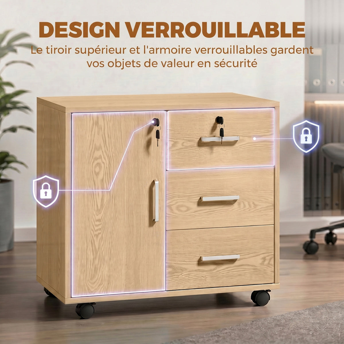 Caisson bureau meuble de rangement verrouillable avec 3 tiroirs et étagère réglable, roulettes, 40 x 60 x 56 cm, marron clair