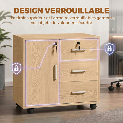 Caisson bureau meuble de rangement verrouillable avec 3 tiroirs et étagère réglable, roulettes, 40 x 60 x 56 cm, marron clair