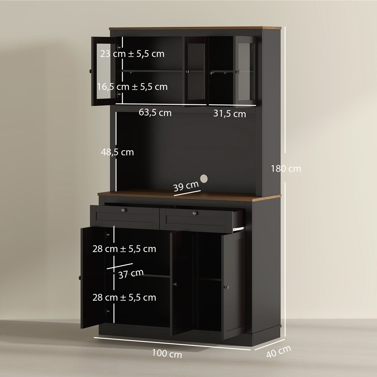 Buffet haut cuisine, armoire de cuisine, 6 portes, 2 tiroirs, plan de travail, étagères réglables, 100x40x180cm, noir